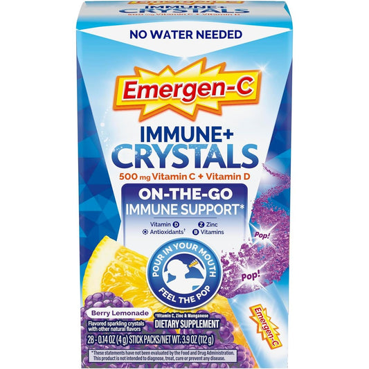 Emergen-C Immune Plus Crystals Berry Lemonade 28 Count box front view showing immune support benefits.