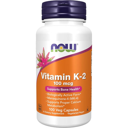 NOW Foods Vitamin K2 MK4 100 Micrograms front view bottle for bone strength