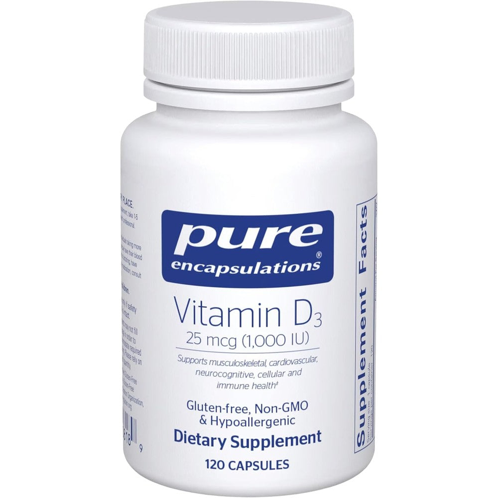 Pure Encapsulations Vitamin D3 1000 IU front view bottle for bone strength