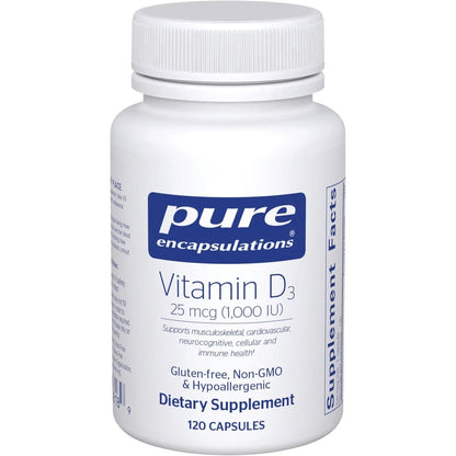 Pure Encapsulations Vitamin D3 1000 IU front view bottle for bone strength