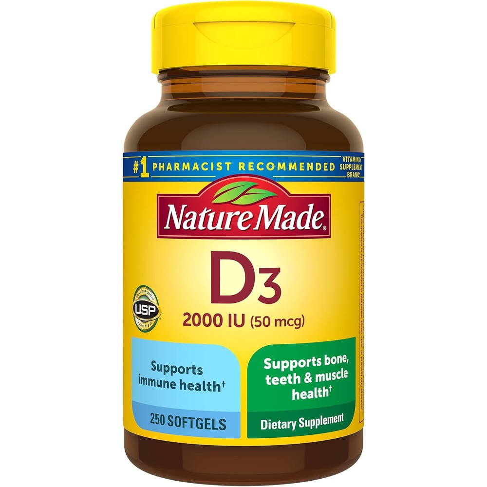 Nature Made Vitamin D3 2000 IU 250 Softgels front bottle view dietary supplement