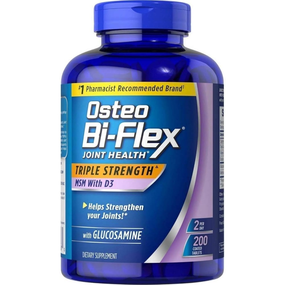 Osteo Bi Flex Triple Strength Glucosamine 1500 Milligrams bottle front view showing joint health benefits.