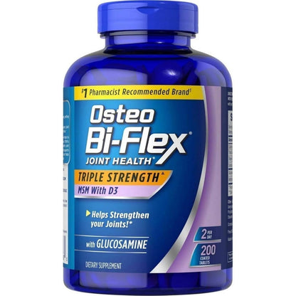 Osteo Bi Flex Triple Strength Glucosamine 1500 Milligrams bottle front view showing joint health benefits.