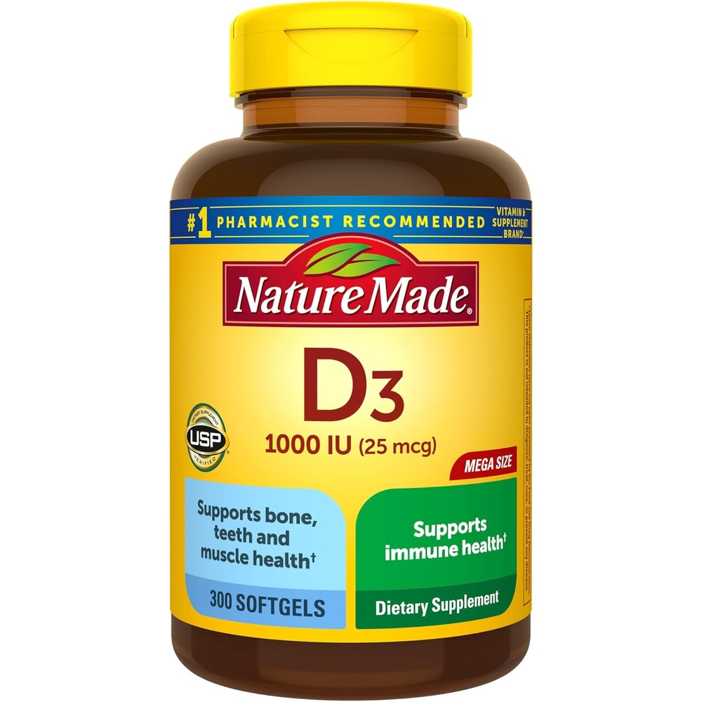 Nature Made Vitamin D3 1000 IU 300 Softgels front bottle view for daily health support