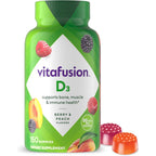 Vitafusion Vitamin D3 gummies front view showing 150 count bottle and fruit flavors.