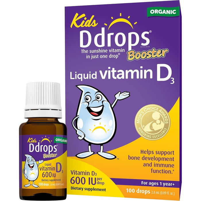 Ddrops Kids Booster front view bottle and packaging