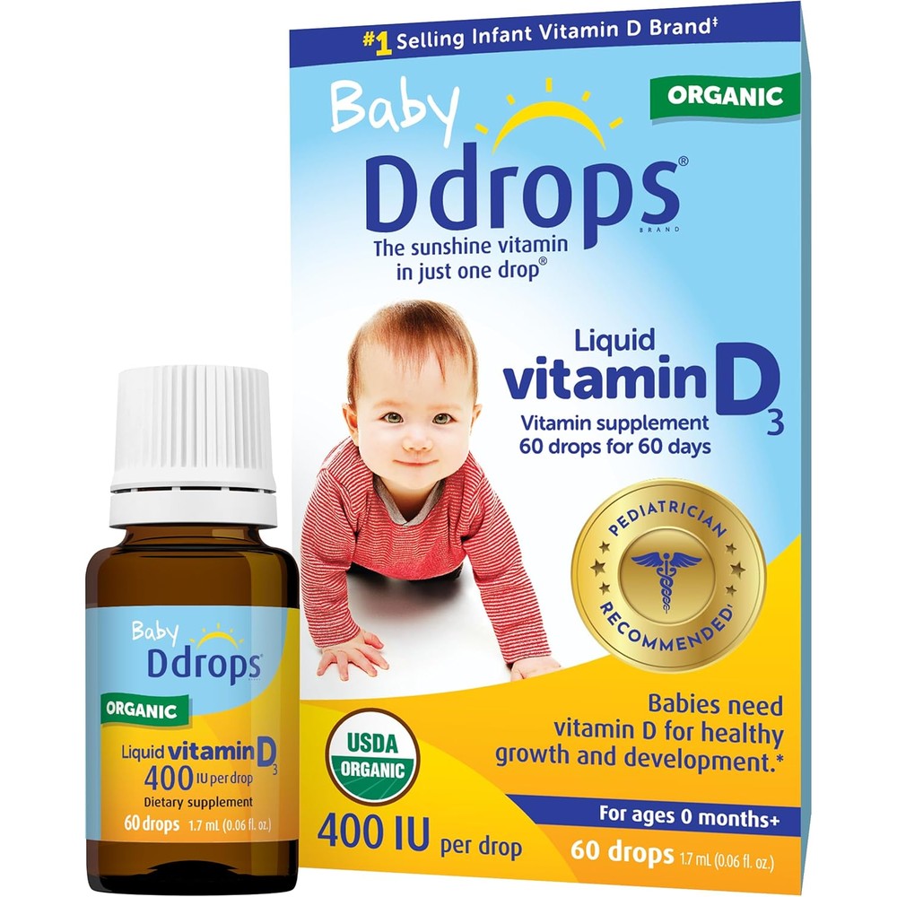 Ddrops Baby Vitamin D liquid supplement bottle and packaging front view