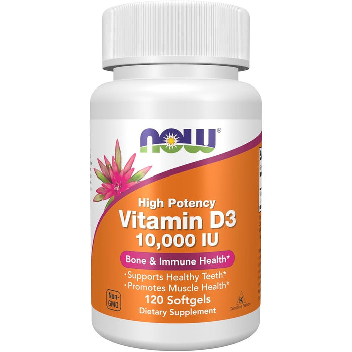 NOW Foods Vitamin D3 10000 IU front view bottle packaging supplement