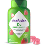 Vitafusion extra strength vitamin d3 gummies front view bottle with strawberry flavor