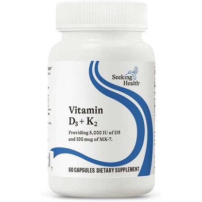 Seeking Health Vitamin D3 5000 IU with K2 MK7 front bottle label showing sixty vegetarian capsules