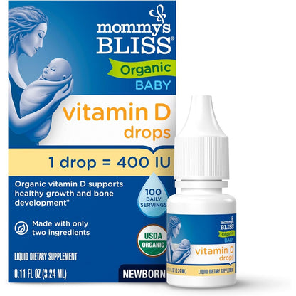 Mommy's Bliss Organic Vitamin D Drops for Babies front packaging view for infant bone health