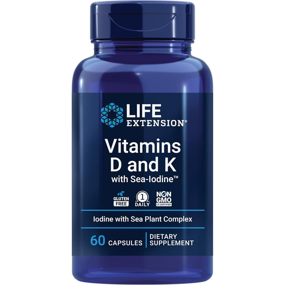 Life Extension Vitamins D and K with Sea Iodine 60 capsules front view bottle showing bone thyroid support labels
