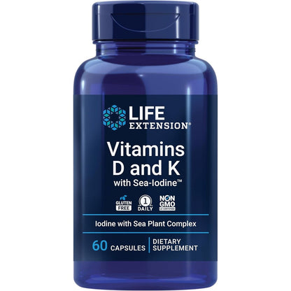 Life Extension Vitamins D and K with Sea Iodine 60 capsules front view bottle showing bone thyroid support labels