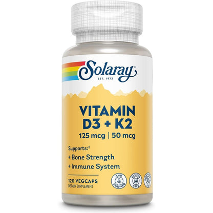 Solaray Vitamin D3 K2 5000 IU 120 vegetable capsules front bottle view for bone health support