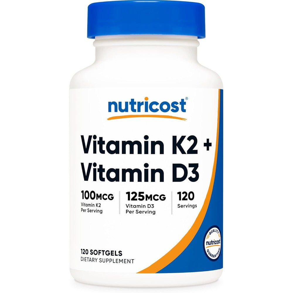 Nutricost Vitamin D3 and K2 softgels front view bottle packaging