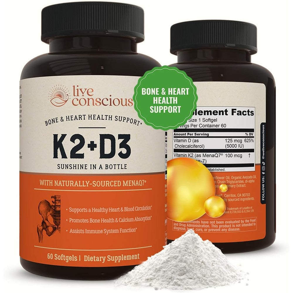 Live Conscious Vitamin K2 MK7 with D3 front view supplement bottle