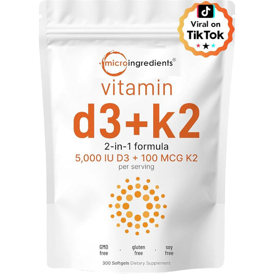 Micro Ingredients Vitamin D3 5000 IU + K2 MK7 300 softgels front view pouch packaging