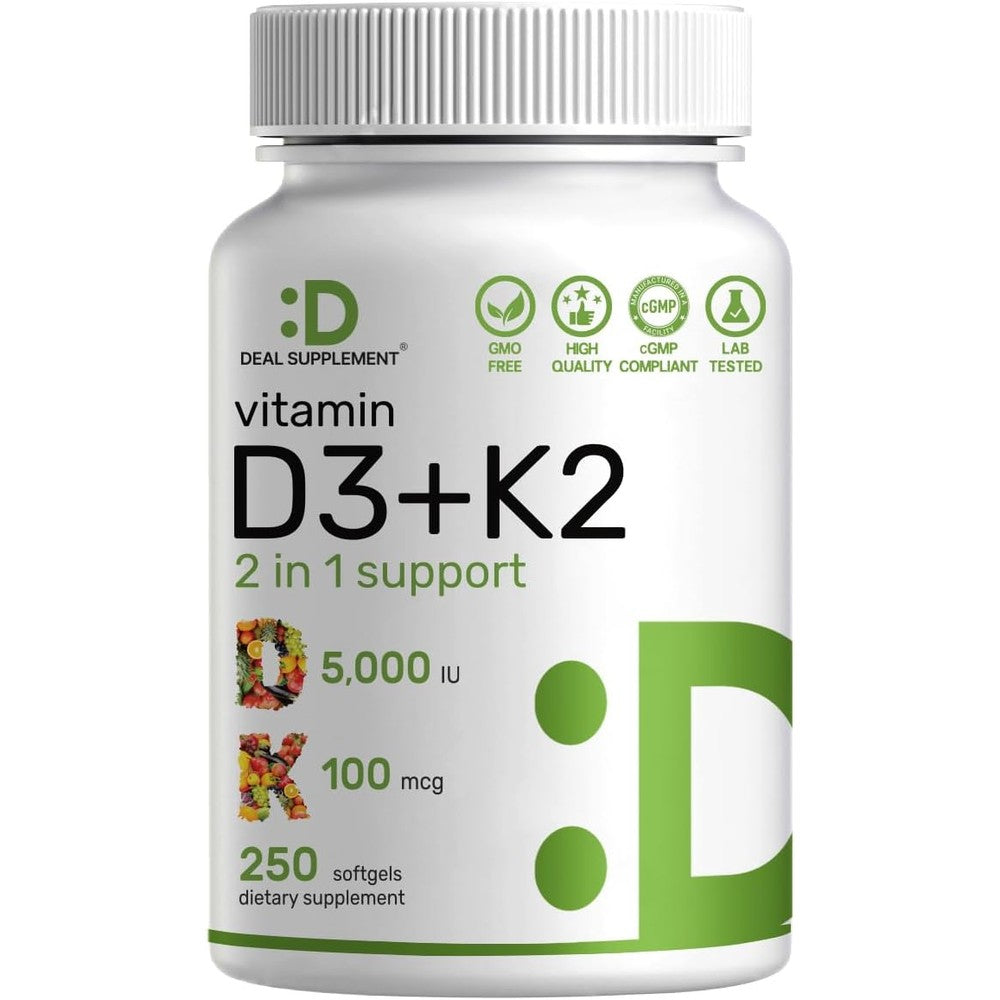 Deal Supplement Vitamin D3 K2 250 Softgels front product view