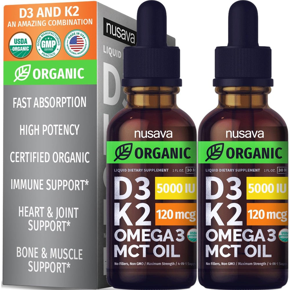Nusava Organic Vitamin D3 K2 Liquid Drops front view packaging and bottle