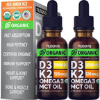 Nusava Organic Vitamin D3 K2 Liquid Drops front view packaging and bottle