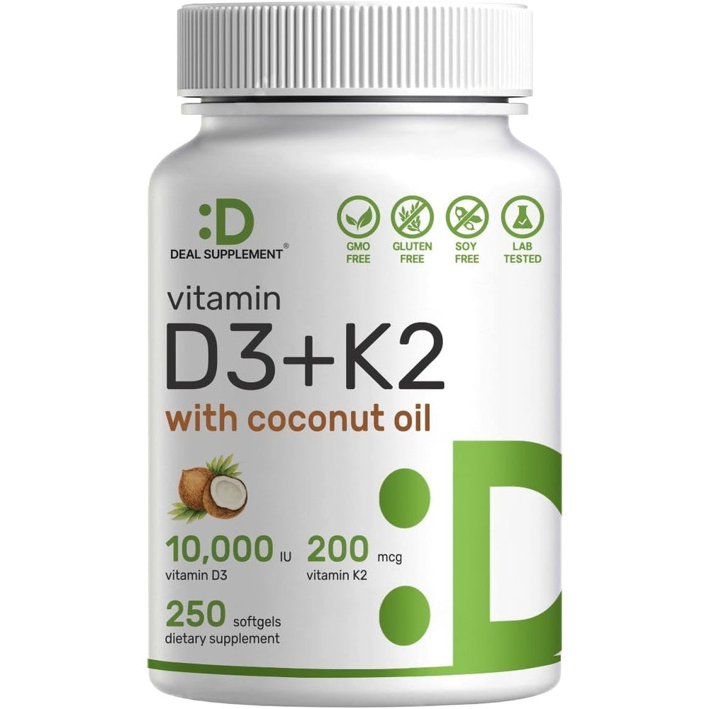Deal Supplement Vitamin D3 and K2 MK7 250 softgels front bottle view for bone health support