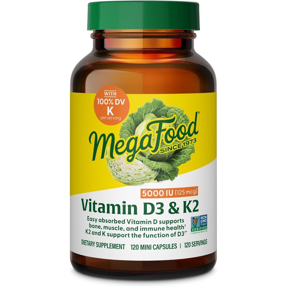 MegaFood Vitamin D3 5000 IU K2 mini capsules front view bottle supplement