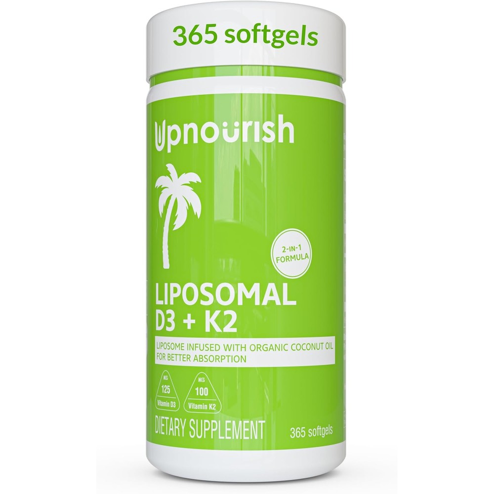 UpNourish Liposomal Vitamin D3 and K2 MK7 365 softgels bottle front view showcasing premium organic coconut oil formulation