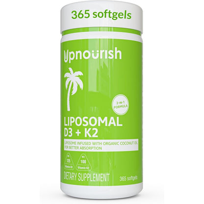 UpNourish Liposomal Vitamin D3 and K2 MK7 365 softgels bottle front view showcasing premium organic coconut oil formulation