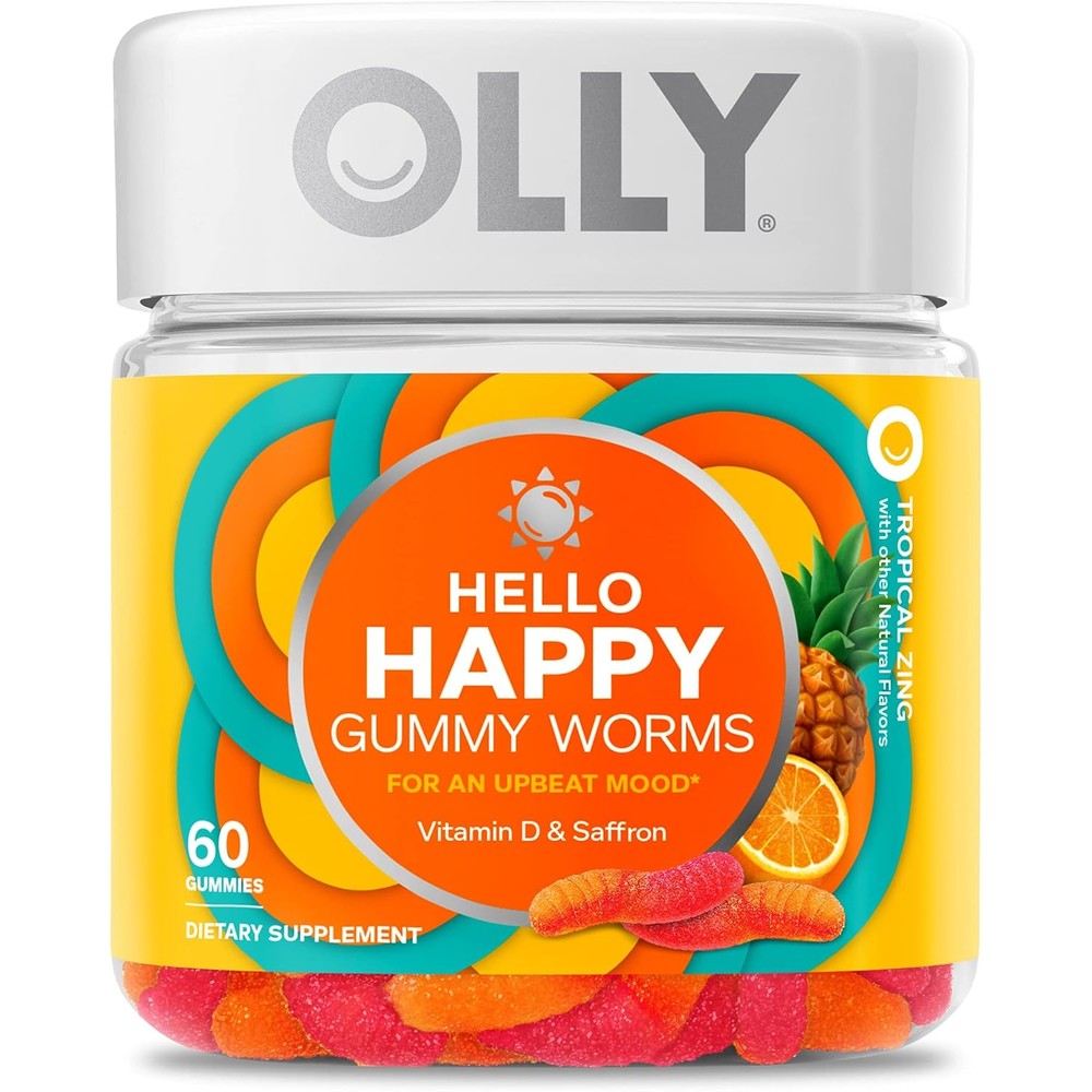 OLLY Hello Happy Gummy Worms mood support supplement front packaging view.