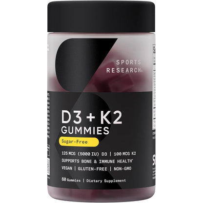 Sports Research Vegan Vitamin D3 and K2 Gummies front view of premium dietary supplement bottle.