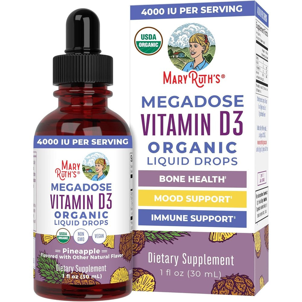 MaryRuth Organics Megadose Vitamin D3 Liquid Drops front view bottle for bone and immune support
