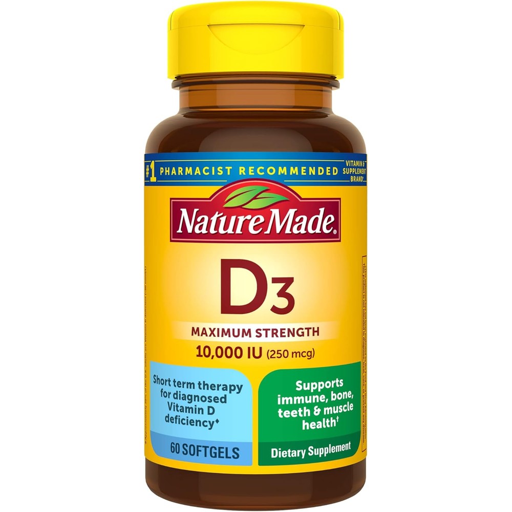 Nature Made Vitamin D3 10000 IU 60 softgels front view of the bottle showcasing maximum strength immunity support.