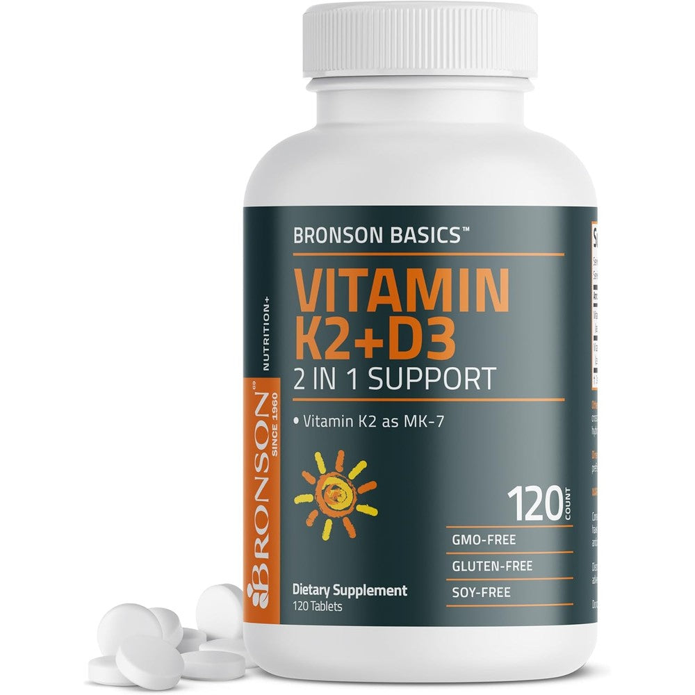 Bronson Basics Vitamin D3 and K2 front view supplement bottle