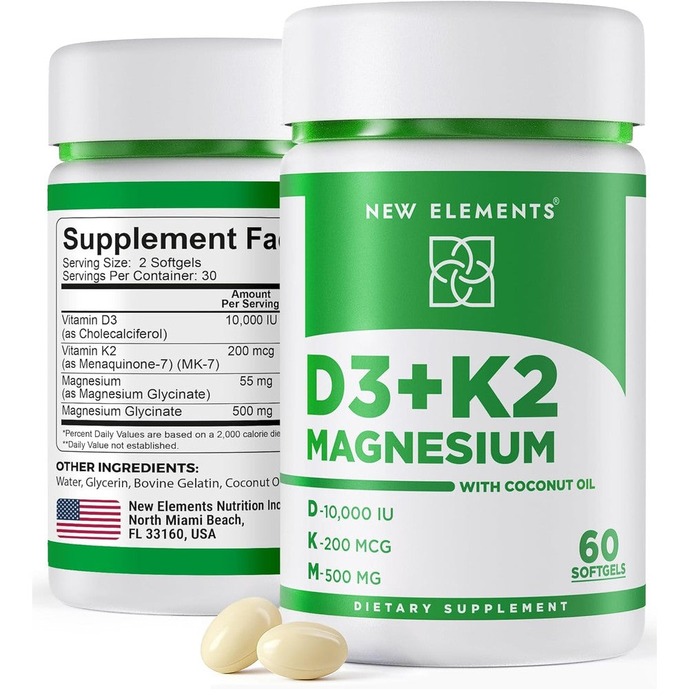 New Elements Vitamin D3 K2 Magnesium softgels bottle front view supplement