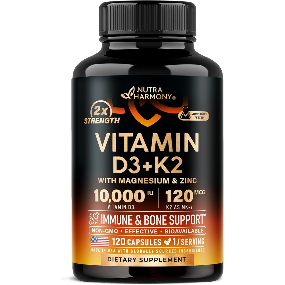 Nutraharmony Vitamin D3 10000 IU and K2 supplement bottle front view