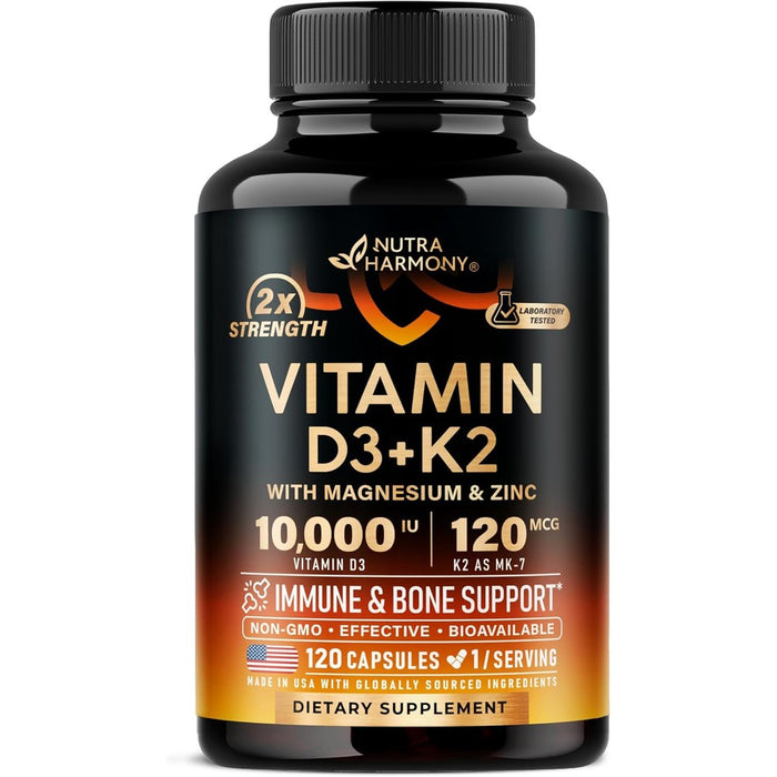 Nutraharmony Vitamin D3 10000 IU and K2 supplement bottle front view