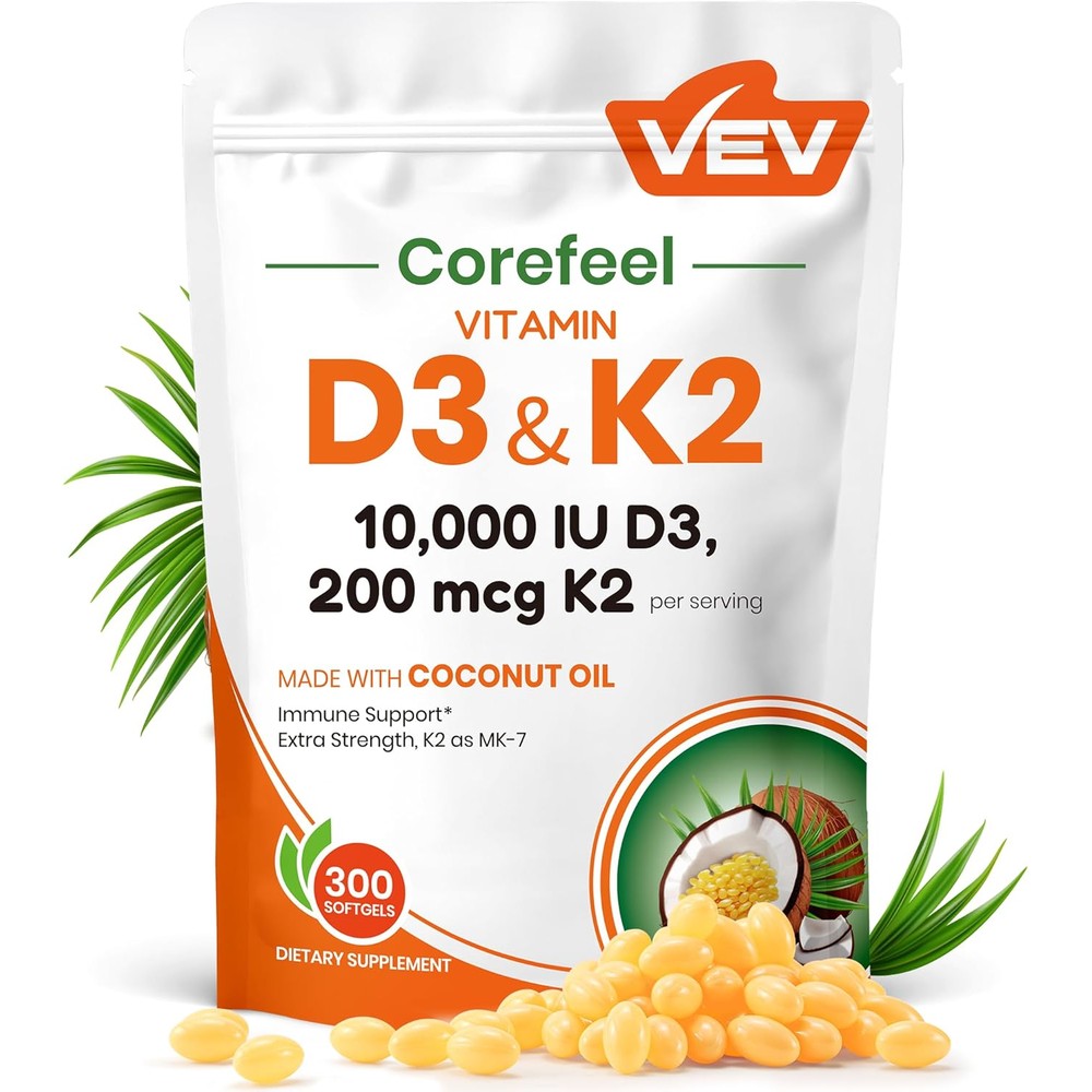 Vev Corefeel Vitamin D3 K2 10,000 IU supplement bottle front view