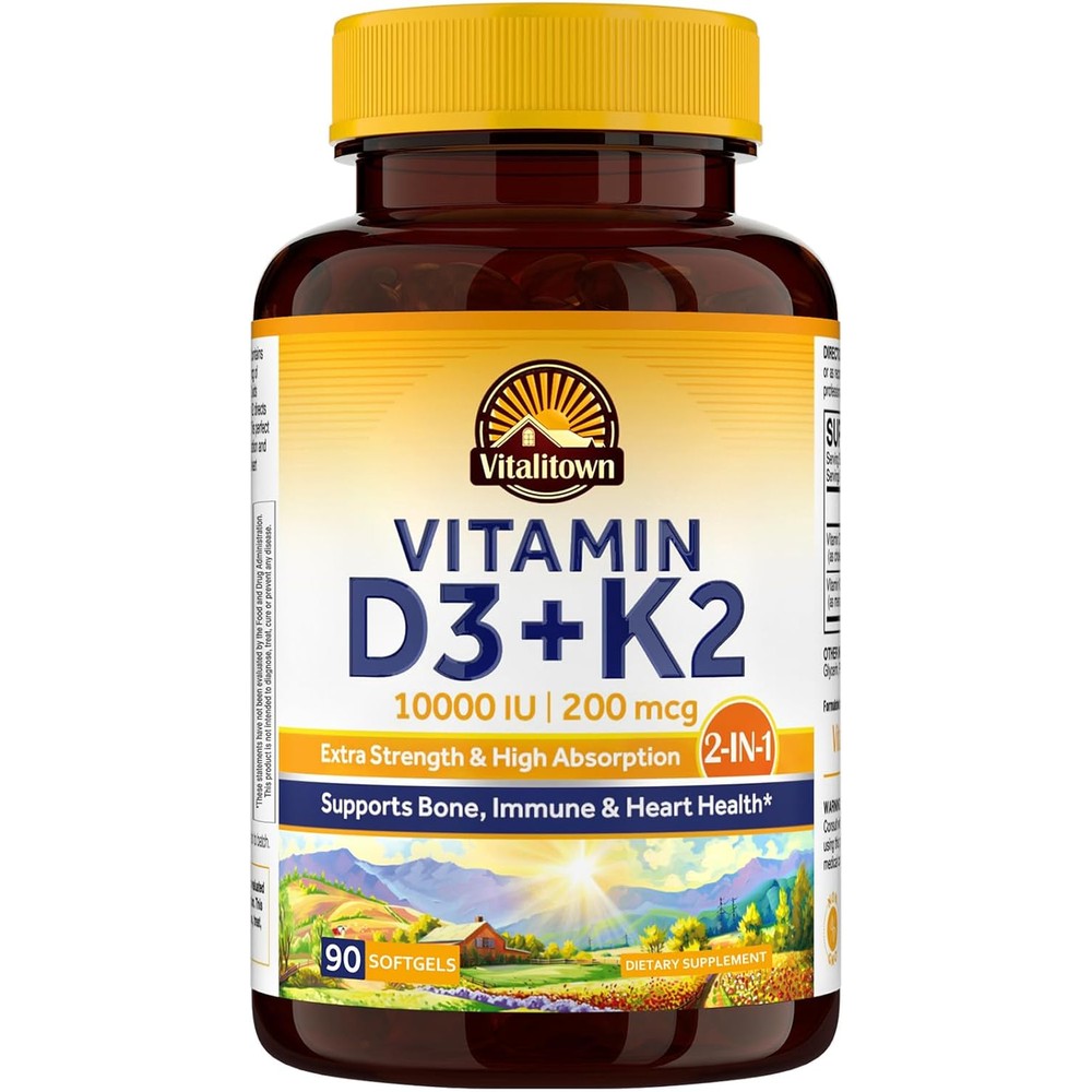 Vitalitown Vitamin D3 10000 IU and Vitamin K2 front view bottle packaging