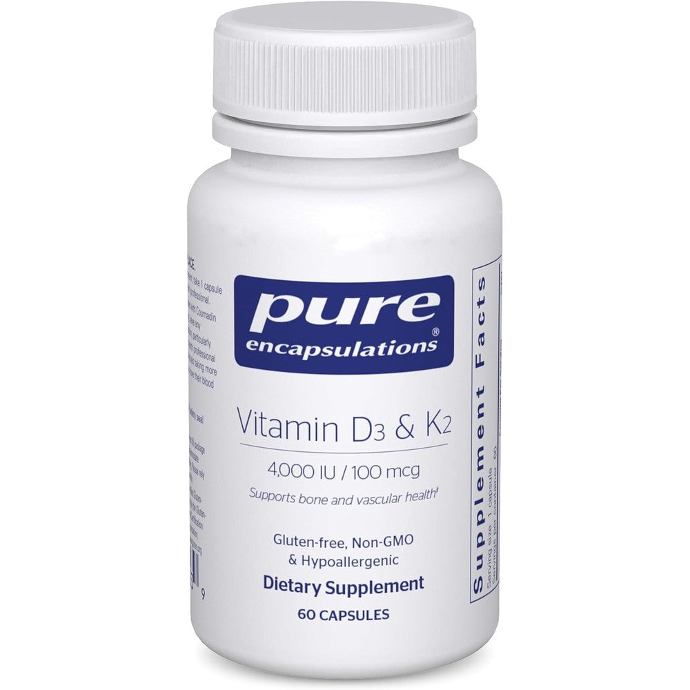 Pure Encapsulations Vitamin D3 and K2 front bottle view showing 60 capsules