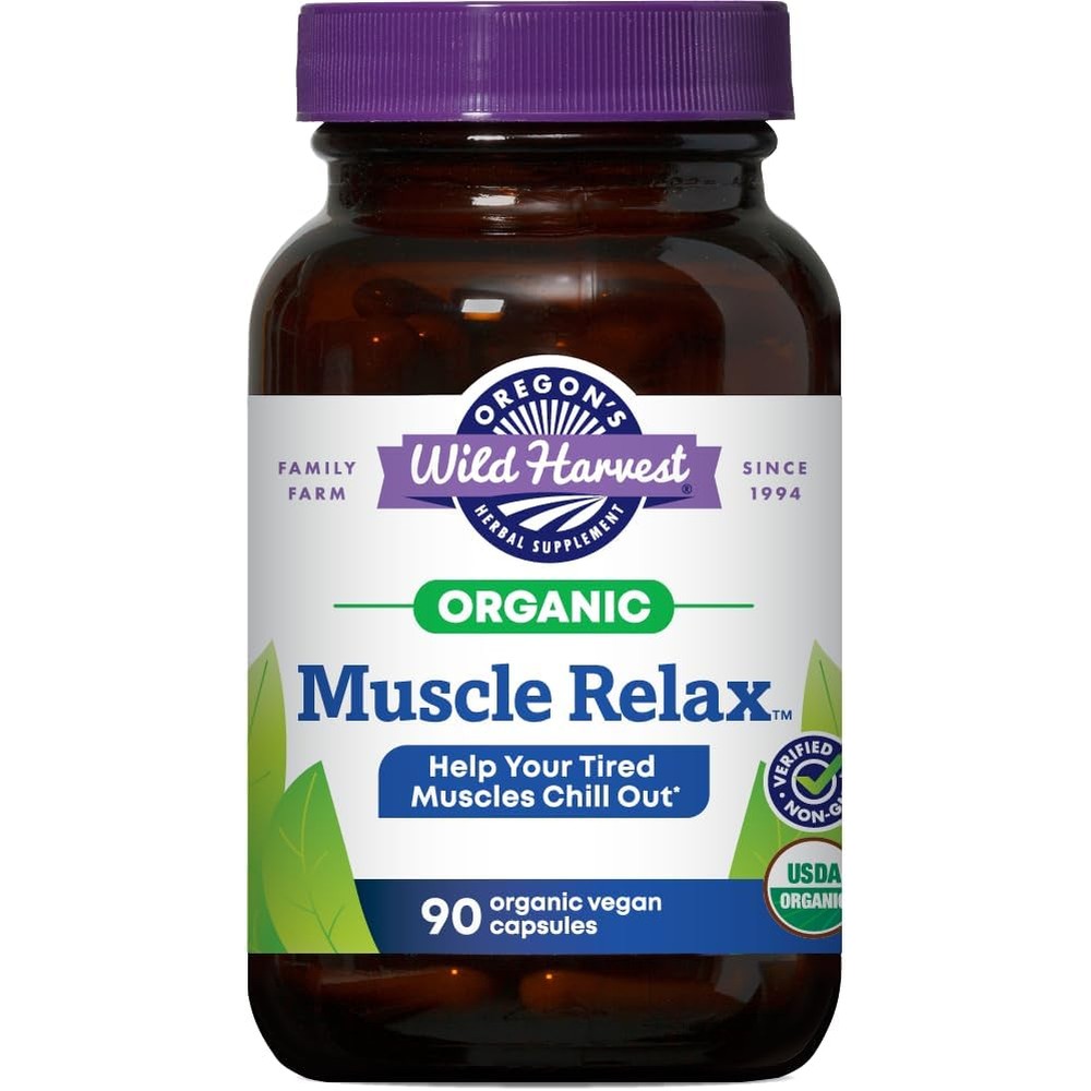 Oregons Wild Harvest Muscle Relax herbal supplement ninety vegan capsules front view bottle