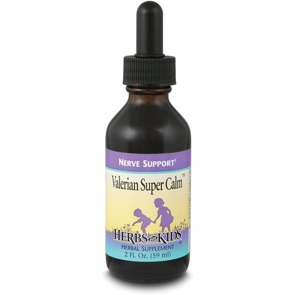 Herbs For Kids Valerian Super Calm Nerve Support Drops front view of the two fluid ounce bottle
