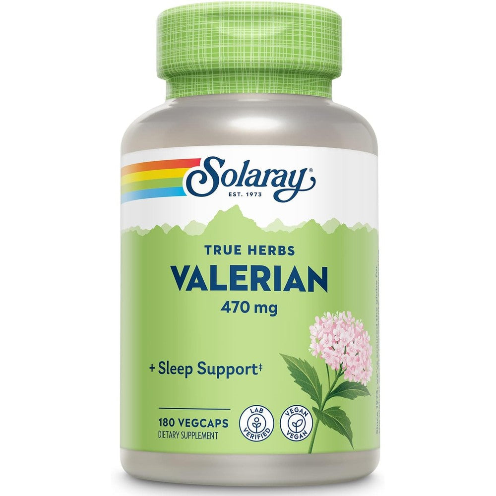 Solaray Valerian Root 470 mg front view bottle showing 180 vegan capsules for natural herbal sleep support.