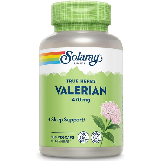 Solaray Valerian Root 470 mg front view bottle showing 180 vegan capsules for natural herbal sleep support.