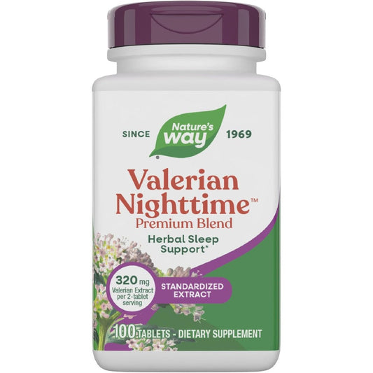 Nature's Way Valerian Nighttime 100 Tablets front bottle view showing herbal sleep support label.