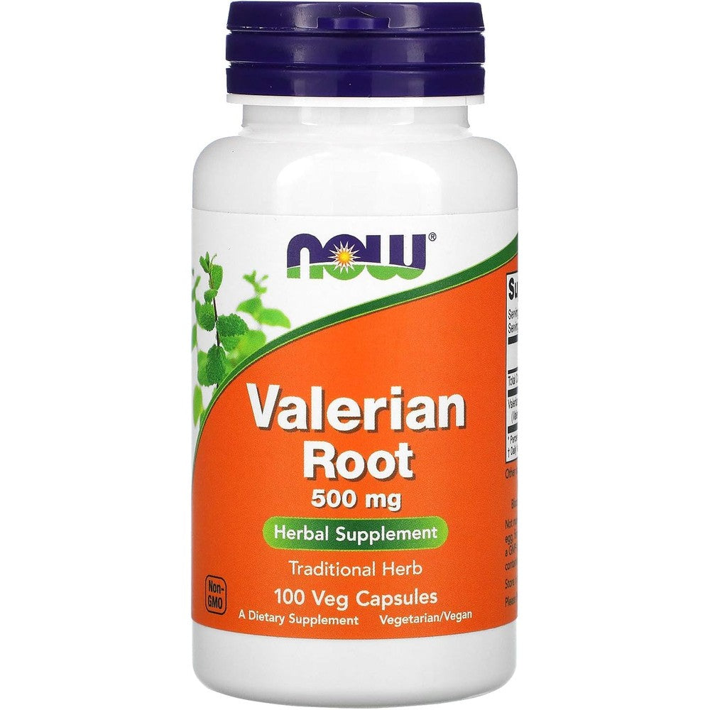NOW Foods Valerian Root 500 Milligrams 100 Capsules front bottle view for natural sleep support supplement
