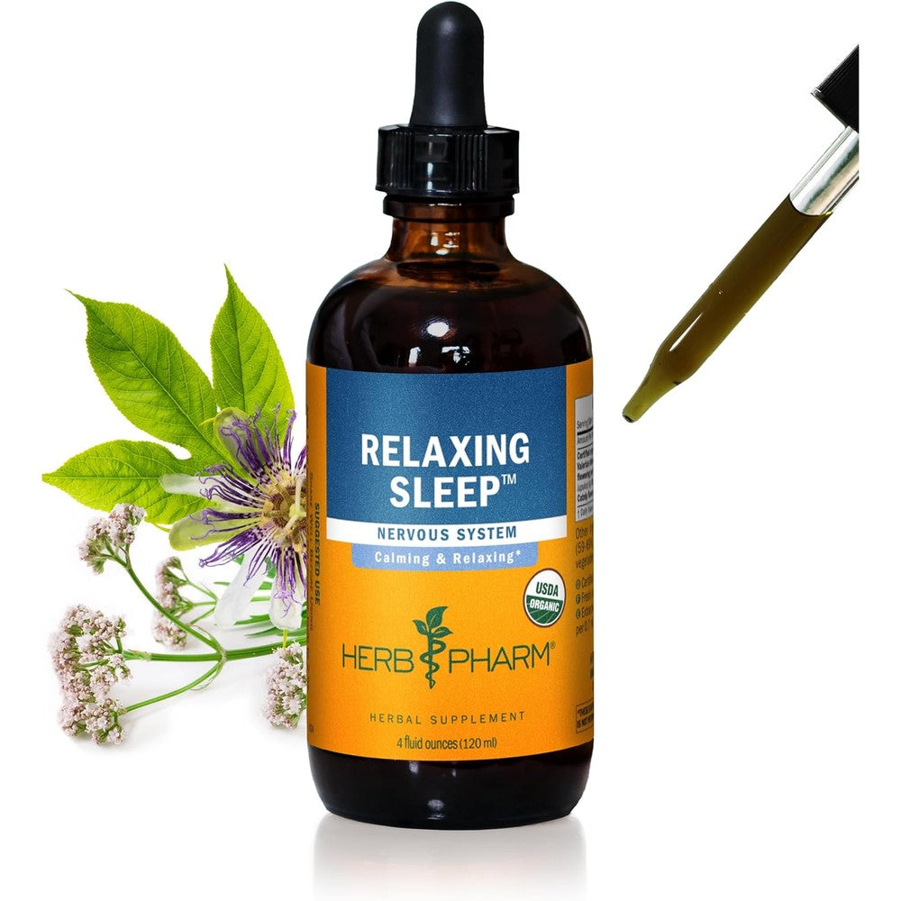 Herb Pharm Relaxing Sleep Herbal Formula with Valerian front view of the four fluid ounce amber dropper bottle.