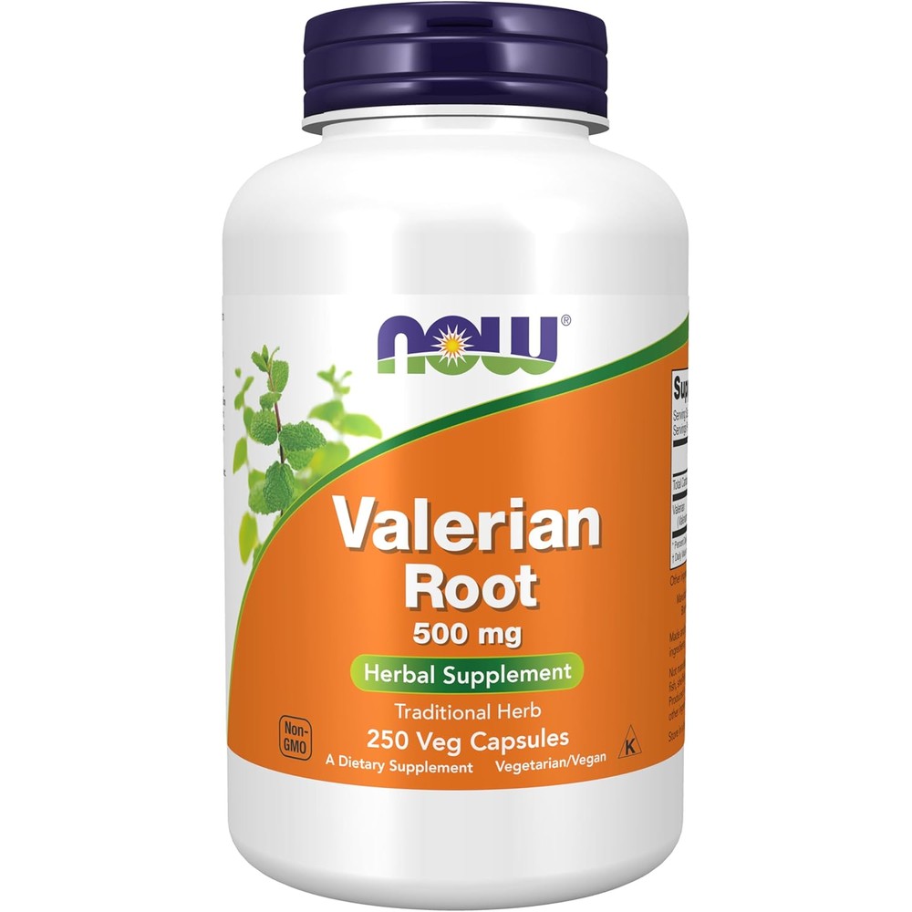 NOW Foods Valerian Root 500mg 250 vegetarian capsules front bottle view for natural sleep support