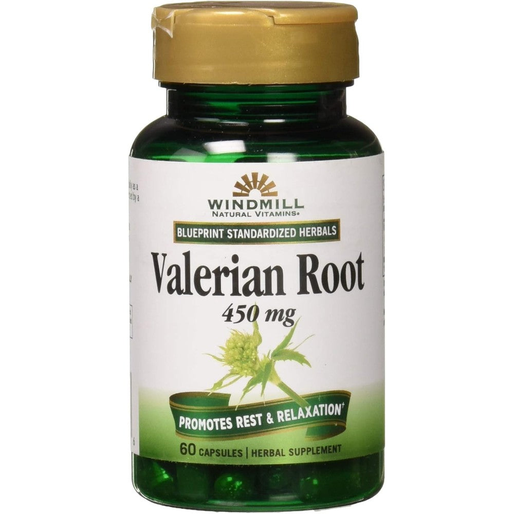 Windmill Health Valerian Root Extract 450mg front view bottle containing 60 capsules for relaxation support