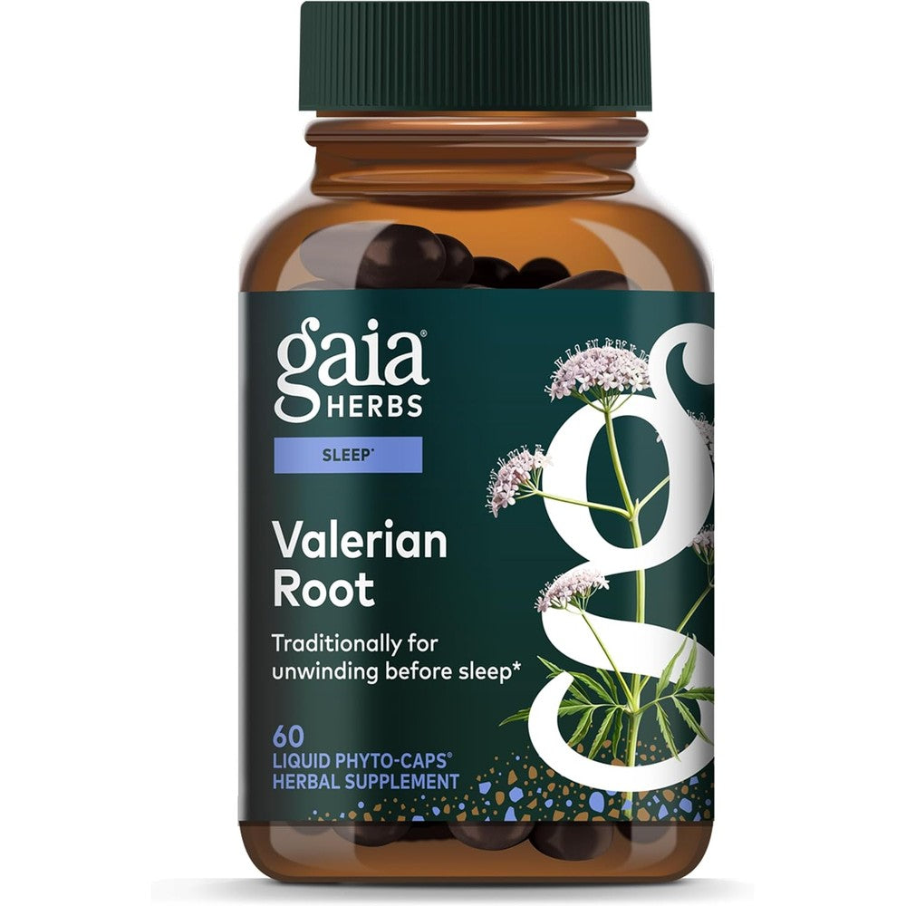 Gaia Herbs Valerian Root 60 liquid capsules front bottle view for natural sleep support