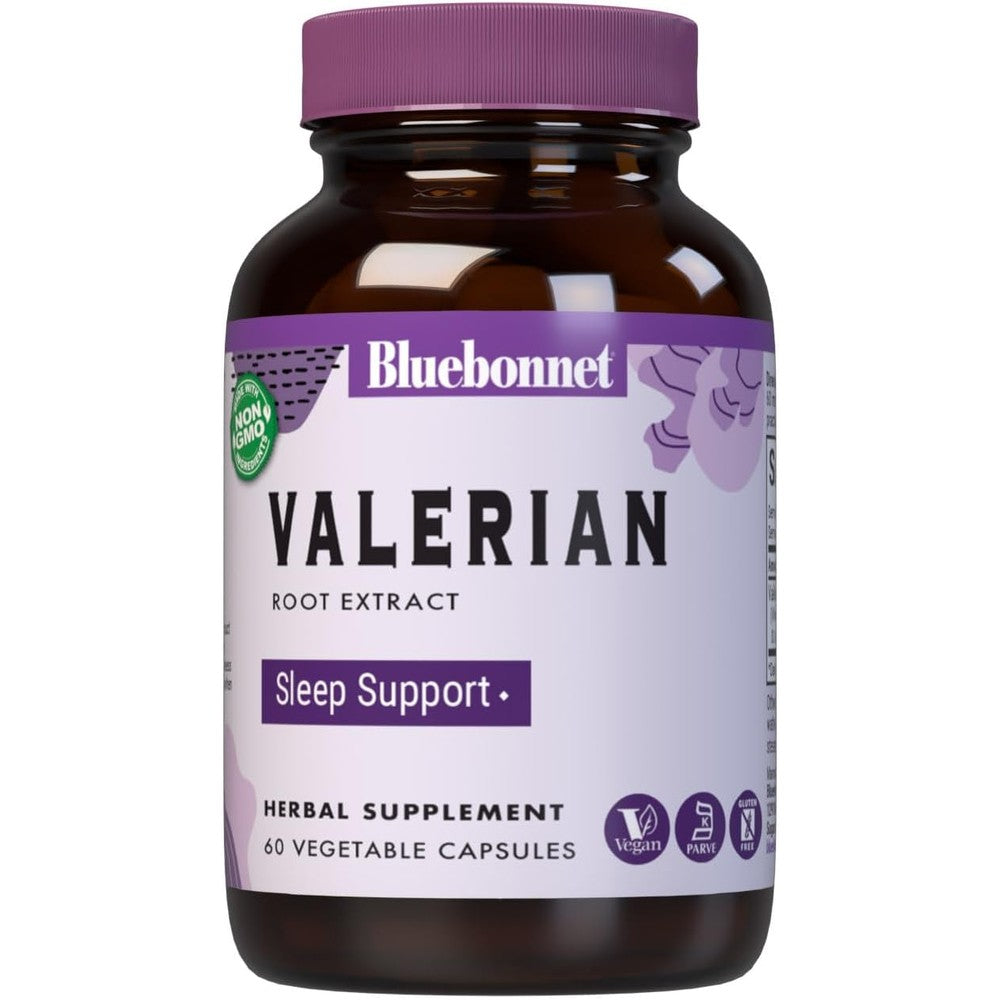 Bluebonnet Valerian Root Extract 60 vegetable capsules front bottle view for natural sleep support.